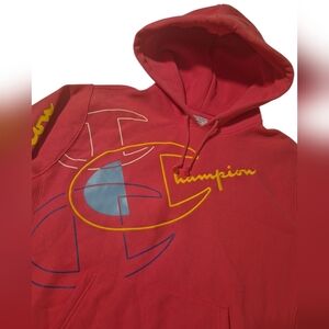 Champion Reverse Weave Hoodie Red Large Graphic Logo Pullover